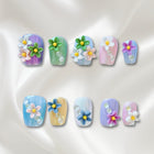 «FLORAL LASER BLOOM»- Holographic Press-On Nails with 3D Colorful Flowers, Sparkling artistic Design