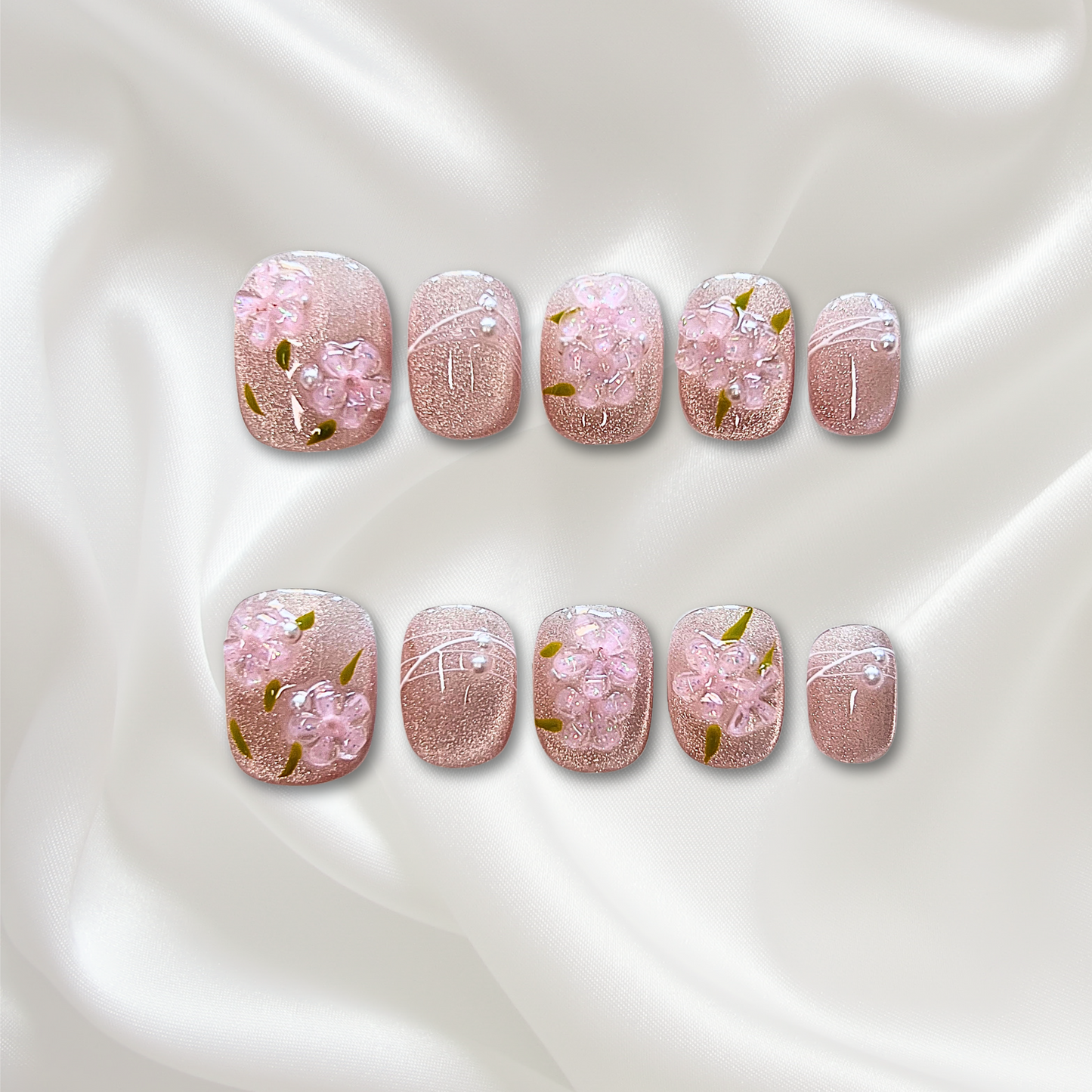 «SACURA SPARKLE NAILS»– Pink Glitter Press-On Nails with 3D Cherry Blossom Accents, Spring-Inspired Floral Nail Design