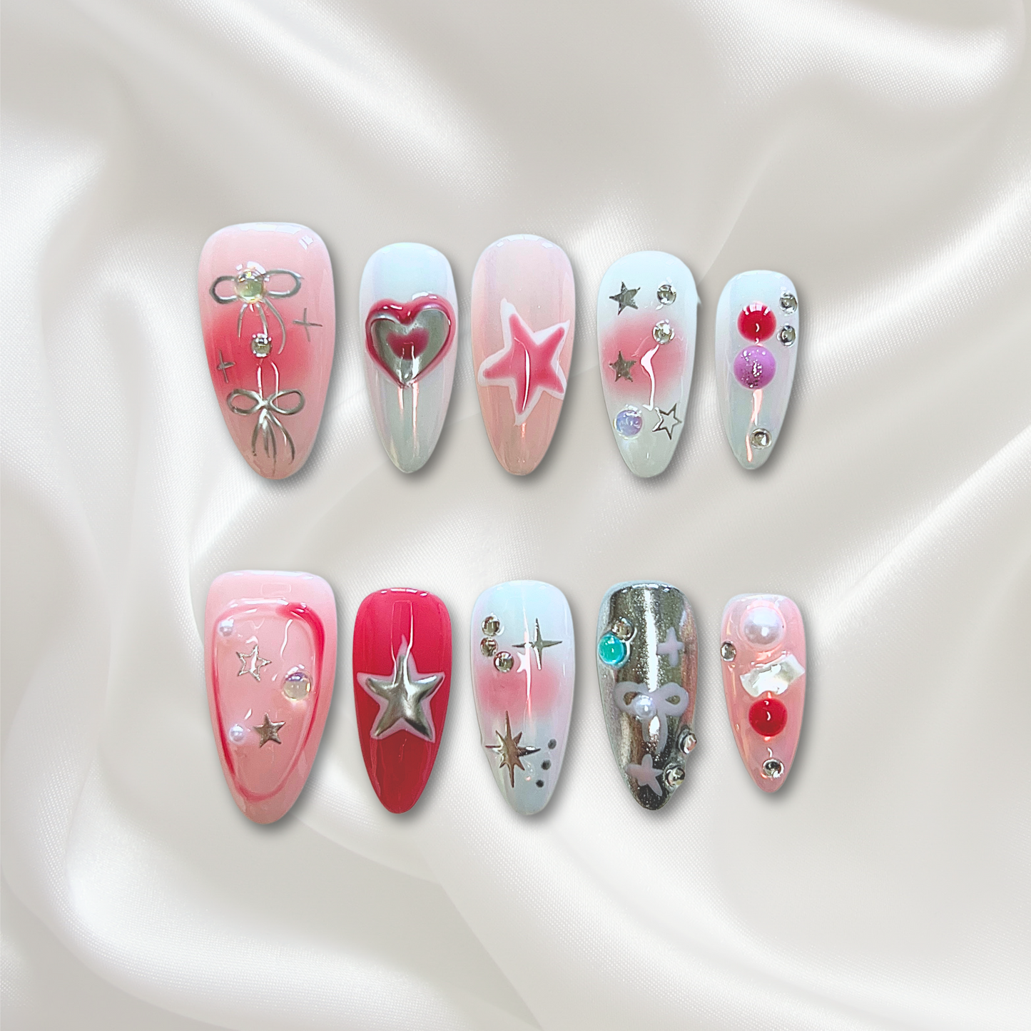«SWEET GALAXY NAILS» – Pink Gradient Press-On Nails with Stars, Bows & 3D Hearts, Y2K Kawaii Aesthetic, Handmade & Reusable