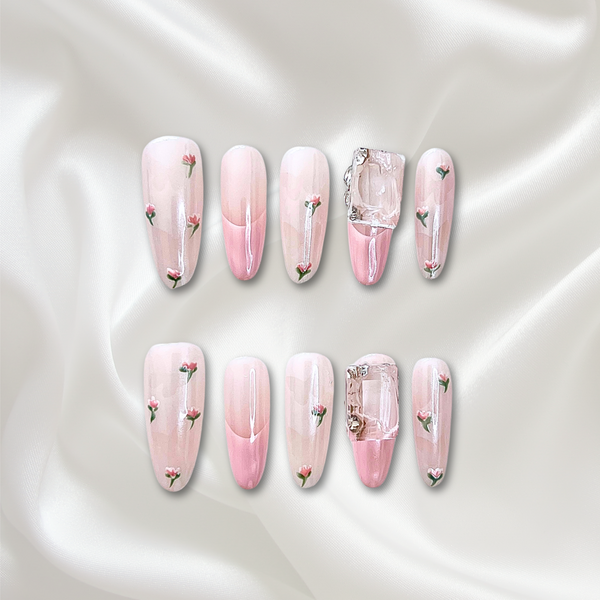 «BLOSSOM KISS PINK FRENCH TIPS»– Pink French Press-On Nails with White & Pink Mini Floral Accents, Fresh & Romantic Spring Nail Design, Pink Ombre Press-On Nails with Mini Flower Details