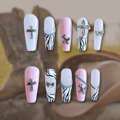 «WILD WEST BABE NAILS»- Pink Animal Print Press-On Nails with Cross Charms, Sweet Goth Style, Zebra Print Nails