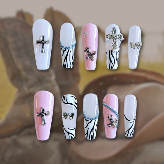 «WILD WEST BABE NAILS»- Pink Animal Print Press-On Nails with Cross Charms, Sweet Goth Style, Zebra Print Nails