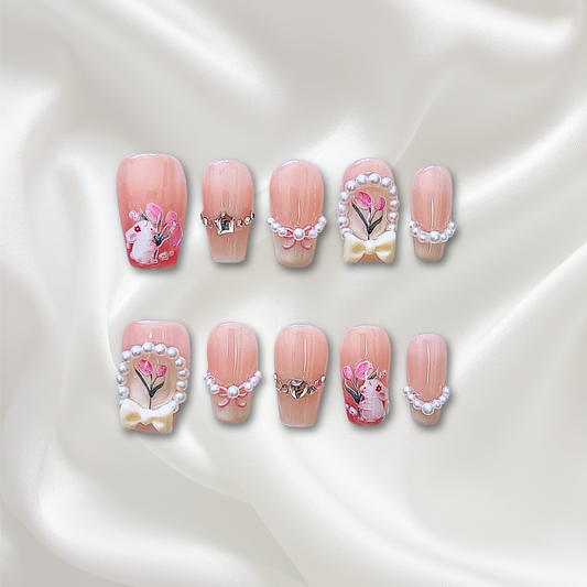 «PEACHY BUNNY PEARLS NAILS»– Pink Ombre Press-On Nails with Pearls, Bows & Cute Rabbit Art, Handmade Coquette Nail Set