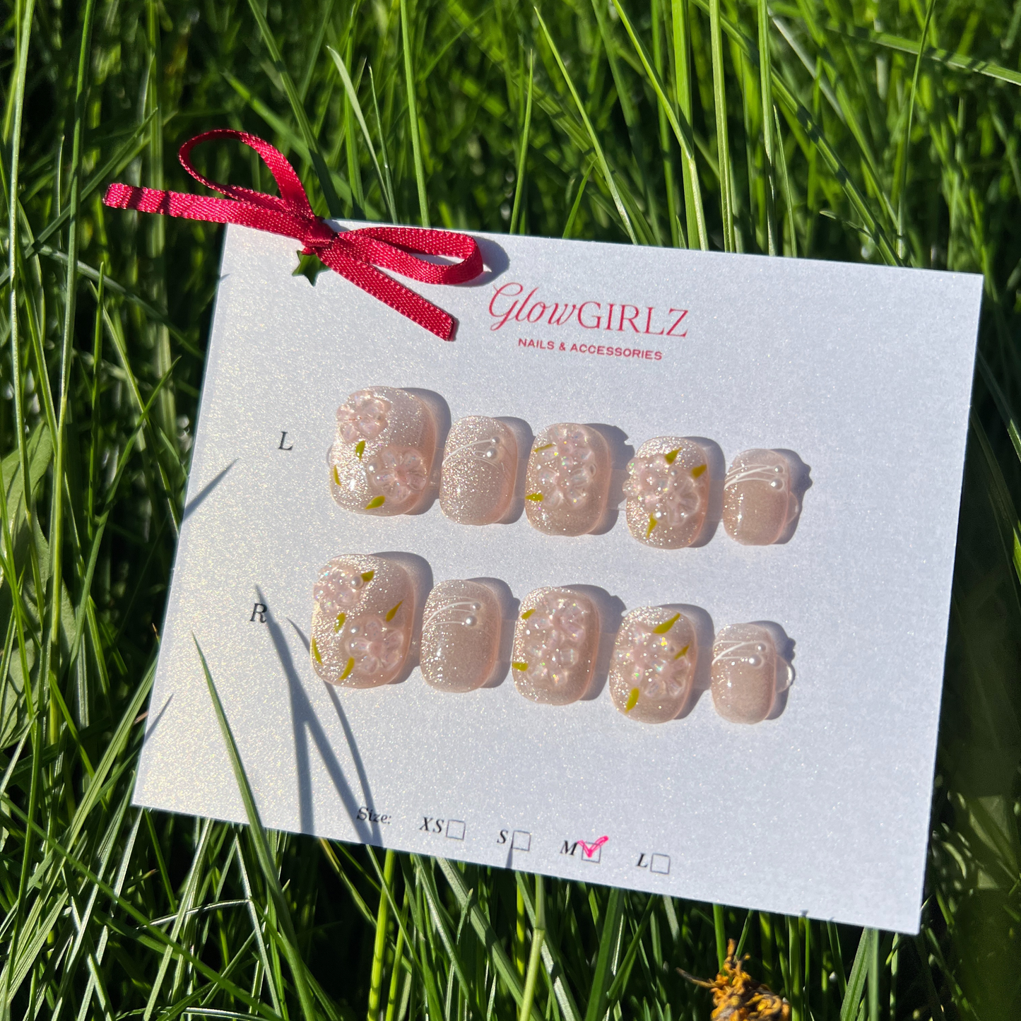 «SACURA SPARKLE NAILS»– Pink Glitter Press-On Nails with 3D Cherry Blossom Accents, Spring-Inspired Floral Nail Design