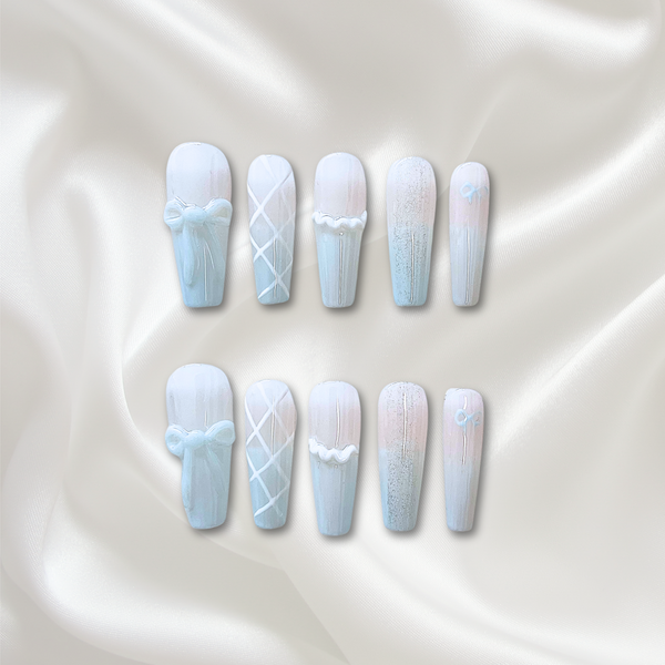 «COQUETTE BLUE BOWS»– Light Blue Ombre Press-On Nails with 3D Satin Bows & Criss-Cross Lace Detail, Soft Aesthetic Nail Design, Baby Blue Nails