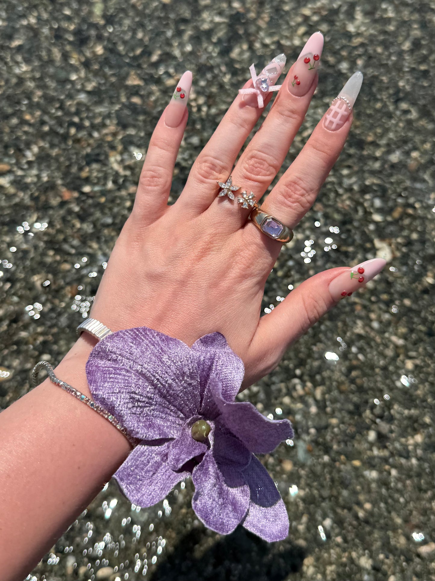 «СHERRY BLOSSOM BOWS»- 3D Hand-Painted Cherry and Pink Bow Press-On Nails with Gingham Check Decor, Sweet & Playful Design