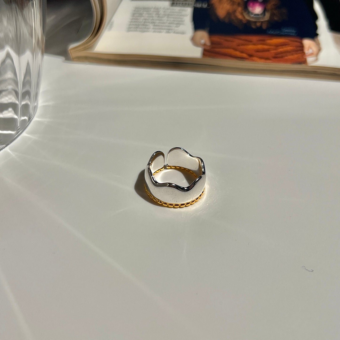 «TWO-TONE WAVE BAND» — Adjustable Sterling Silver Ring with Gold Rope Detail