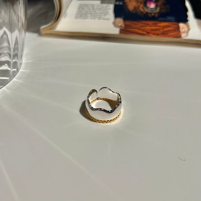 «TWO-TONE WAVE BAND» — Adjustable Sterling Silver Ring with Gold Rope Detail