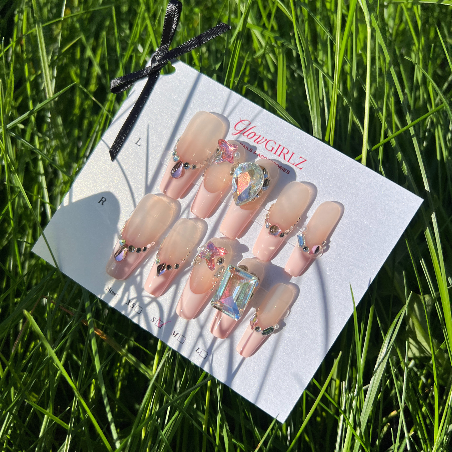 «CRYSTAL PINK FRENCH»- Pink French Press-On Nails with White & Pink Rhinestones, Sexy & Sparkly Design