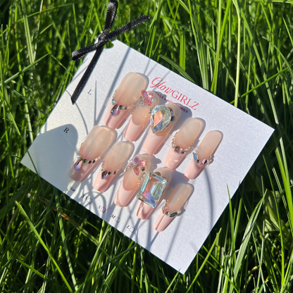 «CRYSTAL PINK FRENCH»- Pink French Press-On Nails with White & Pink Rhinestones, Sexy & Sparkly Design