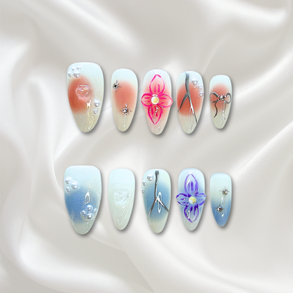«BLOOMING WHISPER NAILS»– Pastel Pink & Blue Floral Press-On Nails with 3D Flowers & Pearls, Handmade Reusable Spring Nail Set