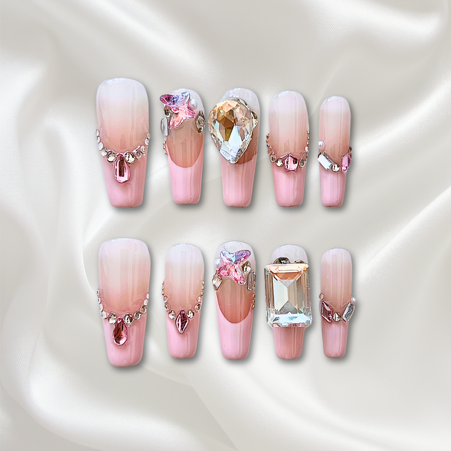 «CRYSTAL PINK FRENCH»- Pink French Press-On Nails with White & Pink Rhinestones, Sexy & Sparkly Design