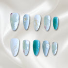 «MINT BLOOM NAILS»- Pastel Blue Green Press-On Nails with White Floral and Gold Line Accents