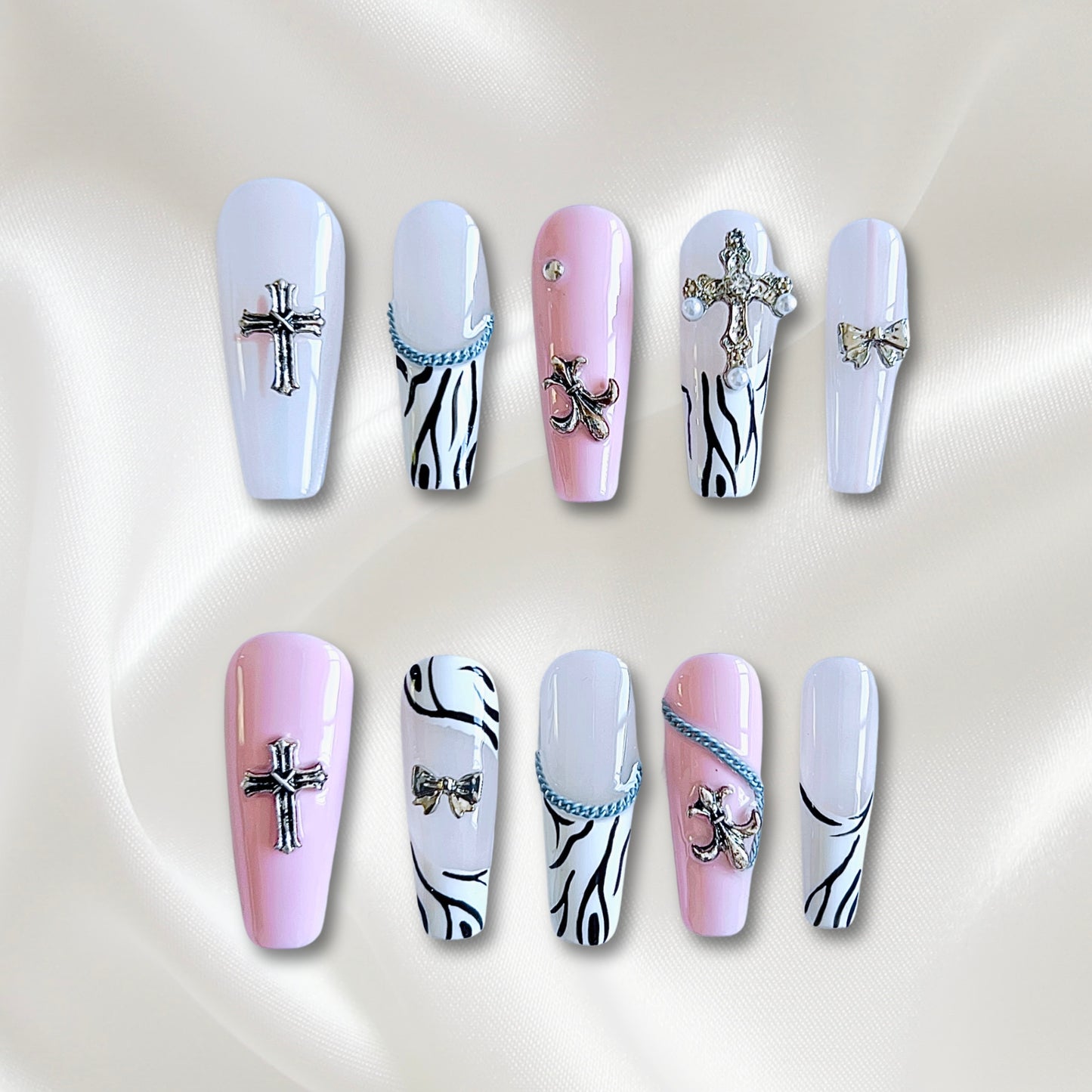 «WILD WEST BABE NAILS»- Pink Animal Print Press-On Nails with Cross Charms, Sweet Goth Style, Zebra Print Nails