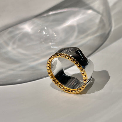 «TWO-TONE WAVE BAND» — Adjustable Sterling Silver Ring with Gold Rope Detail
