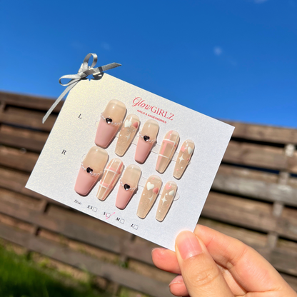 «PINK PLAID CHARM»– French Press-On Nails with Plaid, Hearts & Sparkling Star Accents, Handmade & Reusable Nail Set