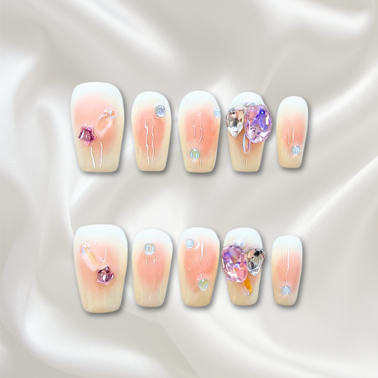 «BLUSH CLOUD GEMS NAILS»– Milky White & Pink Ombre Press-On Nails with Crystals, Elegant Handmade Reusable Set