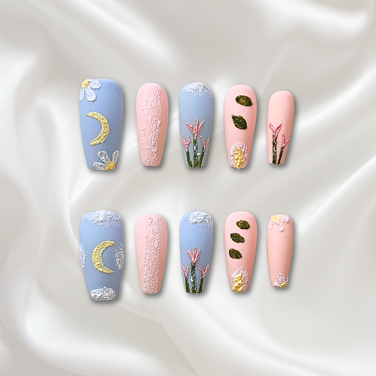 «LUNAR BLOSSOM DREAMS TIPS»– Blue & Pink Press-On Nails with Crescent Moon, Clouds & Floral Texture, Handmade Cottagecore Nail Set