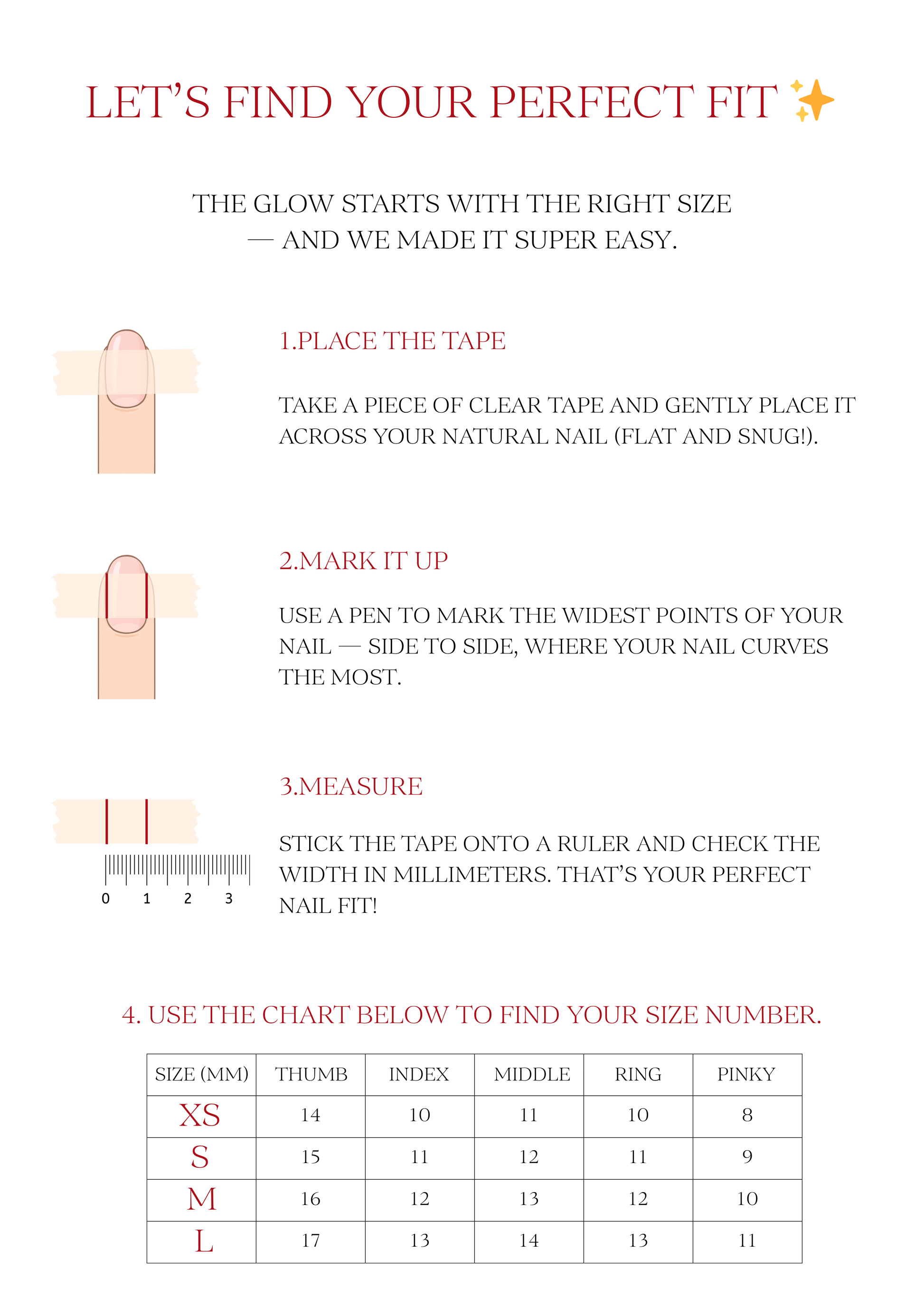 An image featuring a nail size guide with steps on how to measure the nail for a press-on fit, including a chart with different nail sizes.