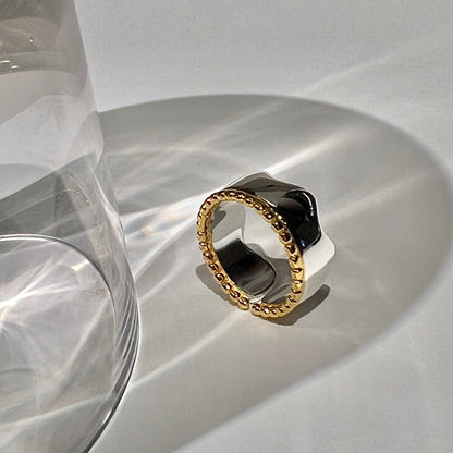 «TWO-TONE WAVE BAND» — Adjustable Sterling Silver Ring with Gold Rope Detail