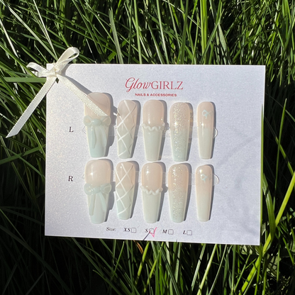 «COQUETTE BLUE BOWS»– Light Blue Ombre Press-On Nails with 3D Satin Bows & Criss-Cross Lace Detail, Soft Aesthetic Nail Design, Baby Blue Nails