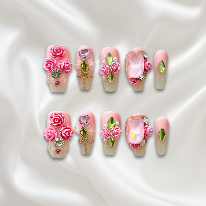 «ROSY BLOOM NAILS»– 3D Pink Rose Press-On Nails, Romantic Floral Design for Dates, 3D Pink Rose Press-On Nails with Crystals & Gems, Romantic Floral Statement Nails