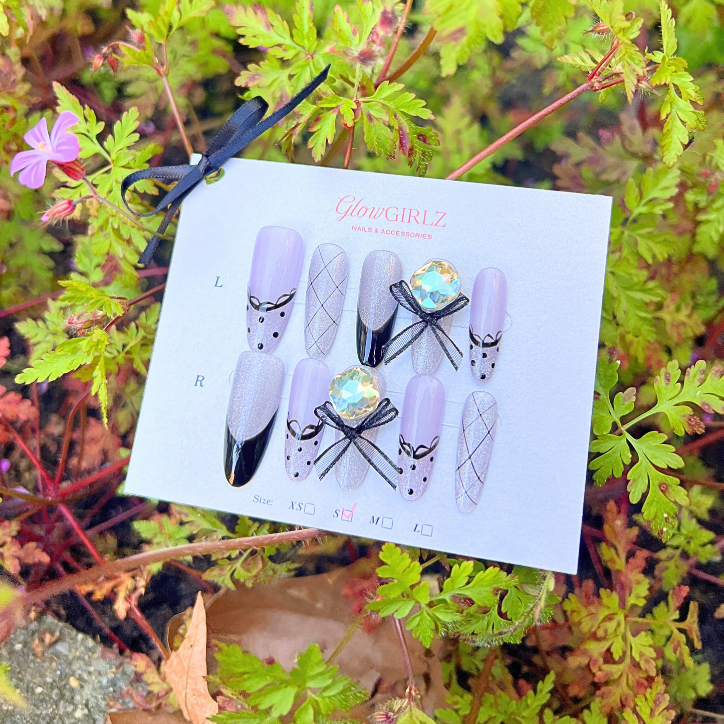 «POLKA DOT PLAID PRINCESS»- Pink Purple Press-On Nails with French Tips, 3D Bows & Checkered Accents, Handmade Nail Design