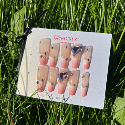 «STARLIGHT OMBRÉ FRENCH» – Pink & White Gradient Press-On Nails with Silver Star Accents, Dreamy Celestial Nail Design