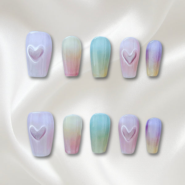 «HEART GLOW SWIRL»- Colorful Press-On Nails with Heart-Shaped Cat Eye Shine, Dreamy Pastel Design, Pastel Rainbow Nails, Ombré Nails