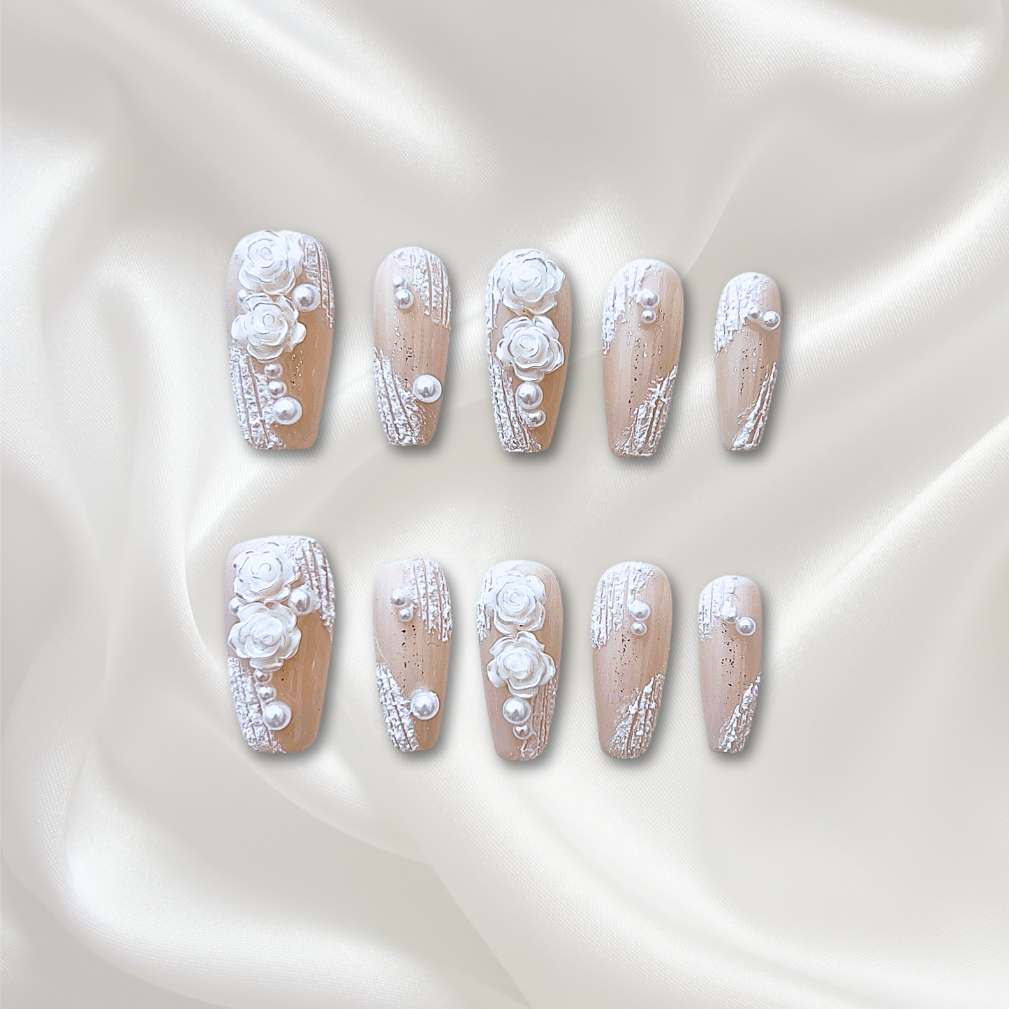 «NUDE ROSE ELEGANCE»– Nude Press-On Nails with 3D White Roses & Pearls, Soft Glam Romantic Nail Set for Every Occasion, Wedding & Romantic Nail Design