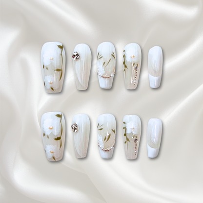 «WHISPERING GARDEN TIPS»– White Press-On Nails with Hand-Painted Floral Details & Crystal Accents, Minimalist Botanical Nail Design, French Press-On Nails with White Floral Accents, Elegant & Sophisticated Nail Design