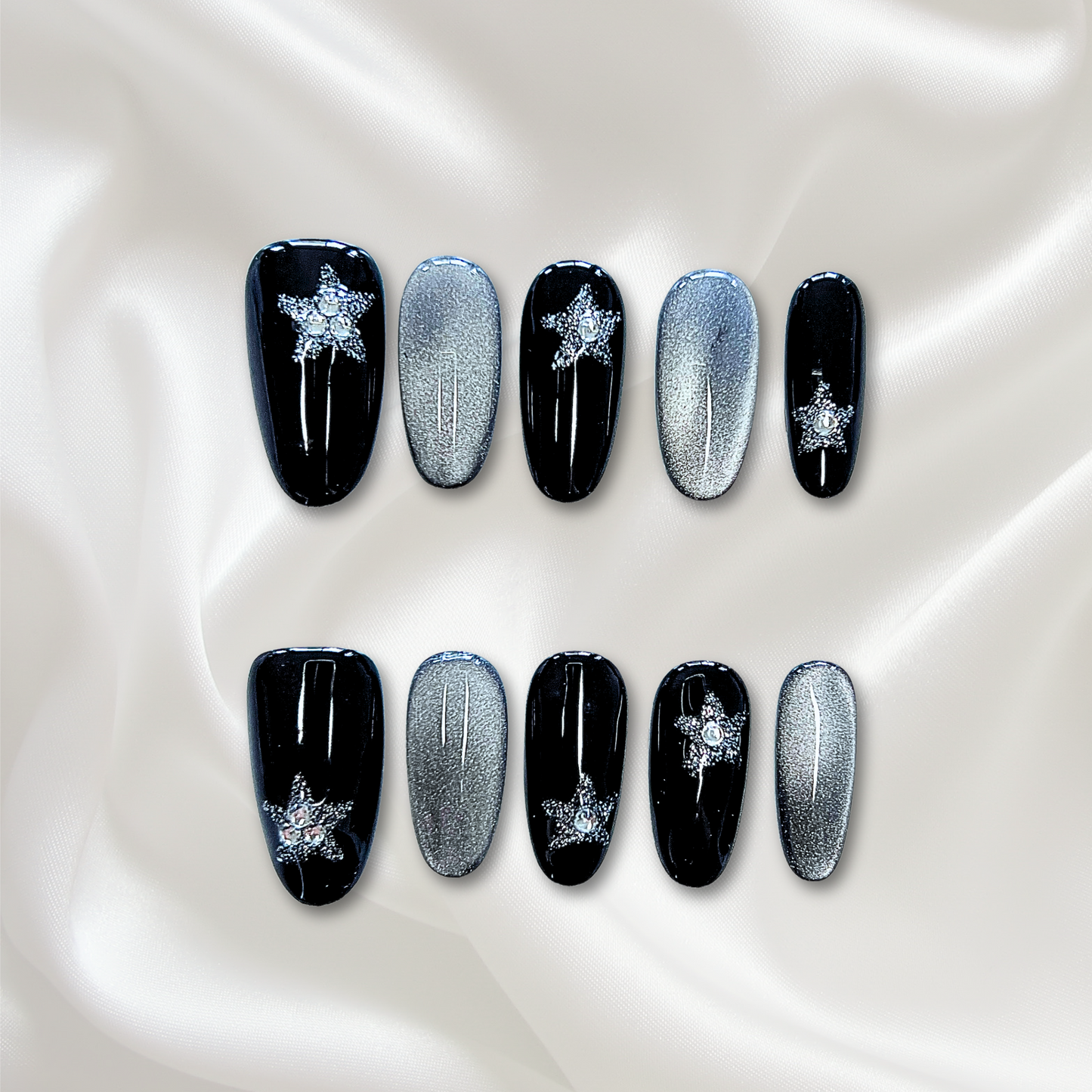 «OBSIDIAN MIST NAILS»– Black & Silver Cat Eye Press-On Nails with Glitter Star Accents, Reusable Glam Nail Set