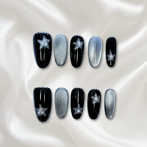 «OBSIDIAN MIST NAILS»– Black & Silver Cat Eye Press-On Nails with Glitter Star Accents, Reusable Glam Nail Set