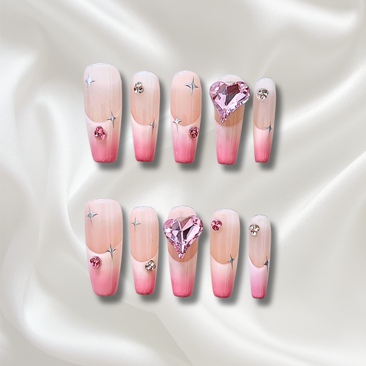 «STARLIGHT OMBRÉ FRENCH» – Pink & White Gradient Press-On Nails with Silver Star Accents, Dreamy Celestial Nail Design