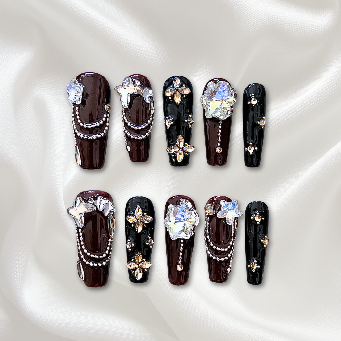 «MIDNIGHT MOCHA CRYSTALS» – Black & Brown Press-On Nails with Sparkling Crystal Accents, Sexy & Glamorous Design