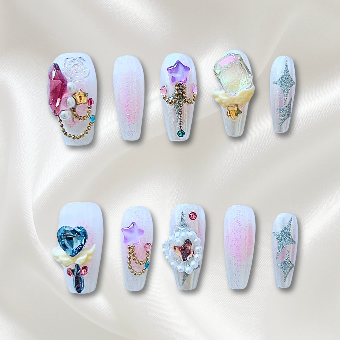 «CRYSTAL ORBIT NAILS»- Press-On Nails with Rhinestones, Pearls, Multicolour Crystals & Silver Stars, Designer Galaxy Tips