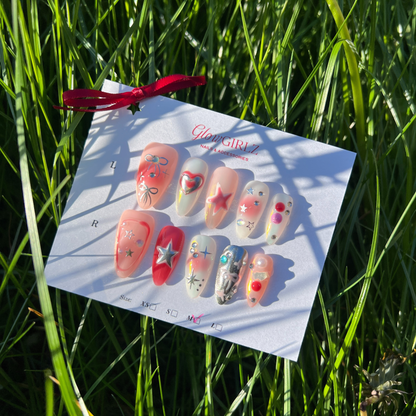 «SWEET GALAXY NAILS» – Pink Gradient Press-On Nails with Stars, Bows & 3D Hearts, Y2K Kawaii Aesthetic, Handmade & Reusable