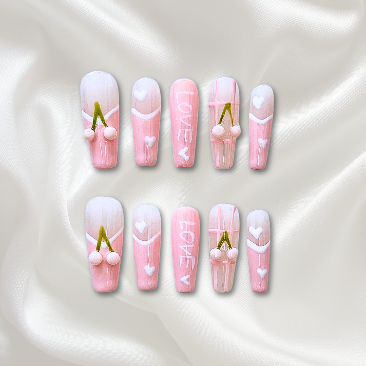 «CHERRY KISS FRENCH TIPS» – Pink French Press-On Nails with Cherries, Hearts & ‘LOVE’ Lettering, Cute Soft Girl Aesthetic, Reusable Handmade Nail Set