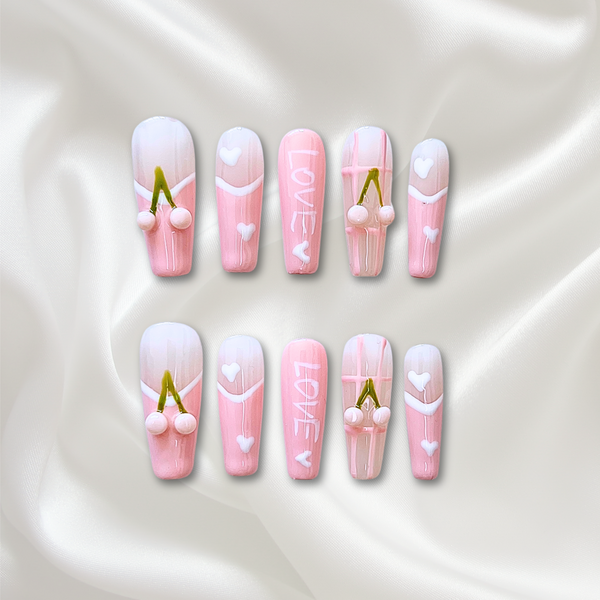 «CHERRY KISS FRENCH TIPS» – Pink French Press-On Nails with Cherries, Hearts & ‘LOVE’ Lettering, Cute Soft Girl Aesthetic, Reusable Handmade Nail Set