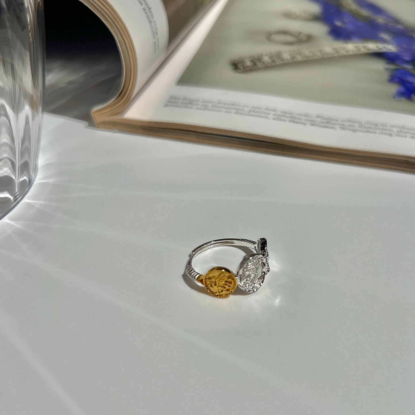 «TRIPLE COIN BAND» — Adjustable Sterling Silver Ring with Gold & Silver Ancient Coin Accents