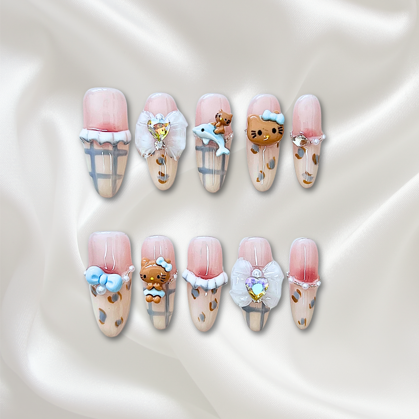 «SWEET KAWAII CHARMS» – Hello Kitty Press-On Nails with Bows, Dolphins & Rhinestones, Cute 3D Kawaii Nail Art, Soft Girl Aesthetic, Reusable & Ready-to-Wear