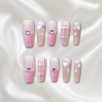 «PINK PLAID CHARM»– French Press-On Nails with Plaid, Hearts & Sparkling Star Accents, Handmade & Reusable Nail Set