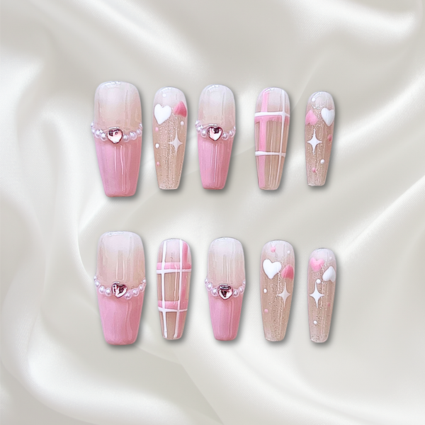 «PINK PLAID CHARM»– French Press-On Nails with Plaid, Hearts & Sparkling Star Accents, Handmade & Reusable Nail Set