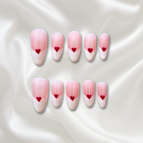 «HEARTFELT FRENCH TIPS»– White French Press-On Nails with Red Heart Accents, Classic & Romantic Nail Design