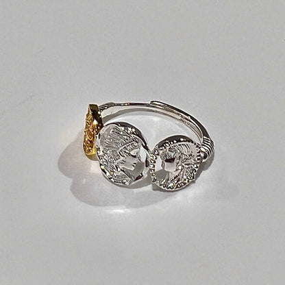 «TRIPLE COIN BAND» — Adjustable Sterling Silver Ring with Gold & Silver Ancient Coin Accents