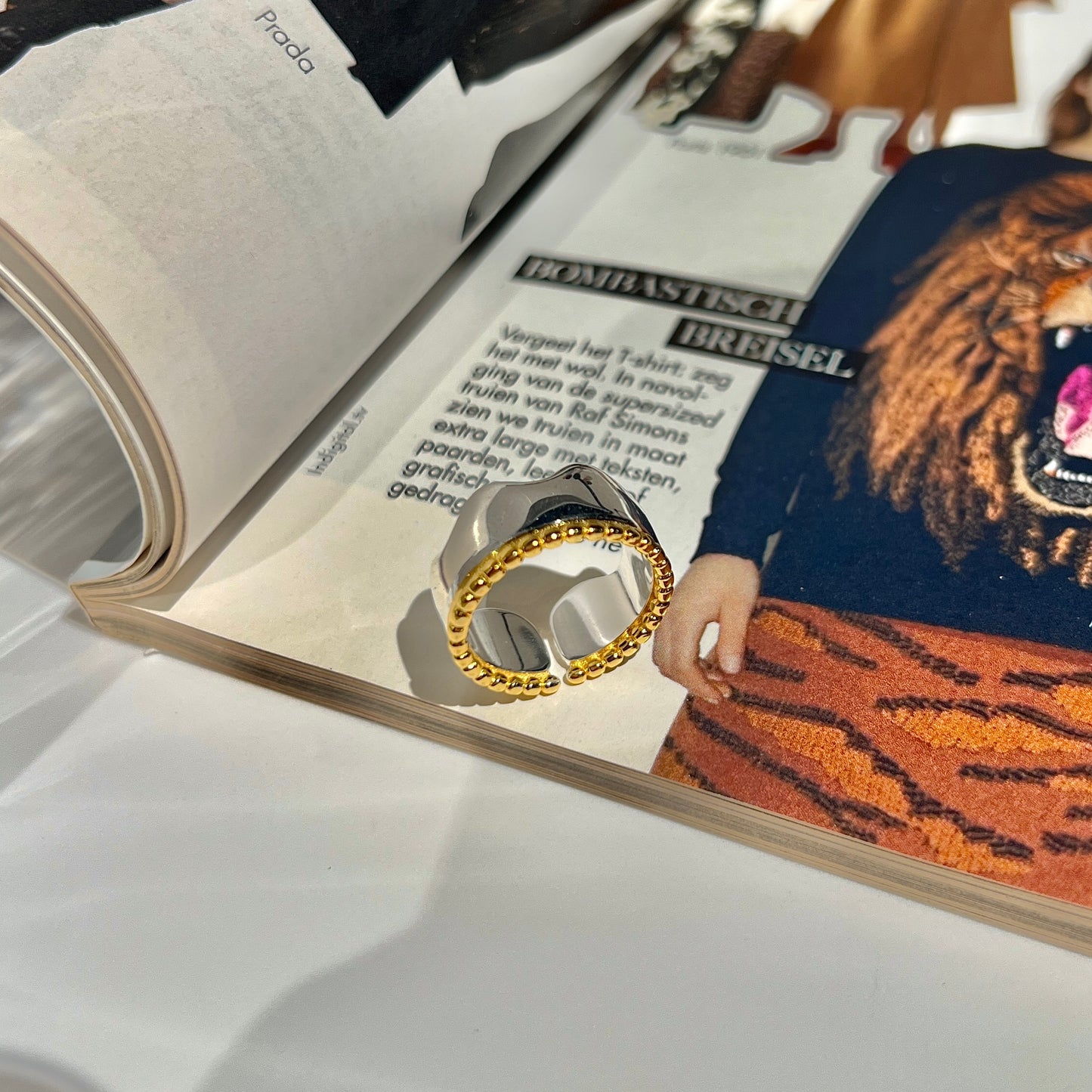 «TWO-TONE WAVE BAND» — Adjustable Sterling Silver Ring with Gold Rope Detail
