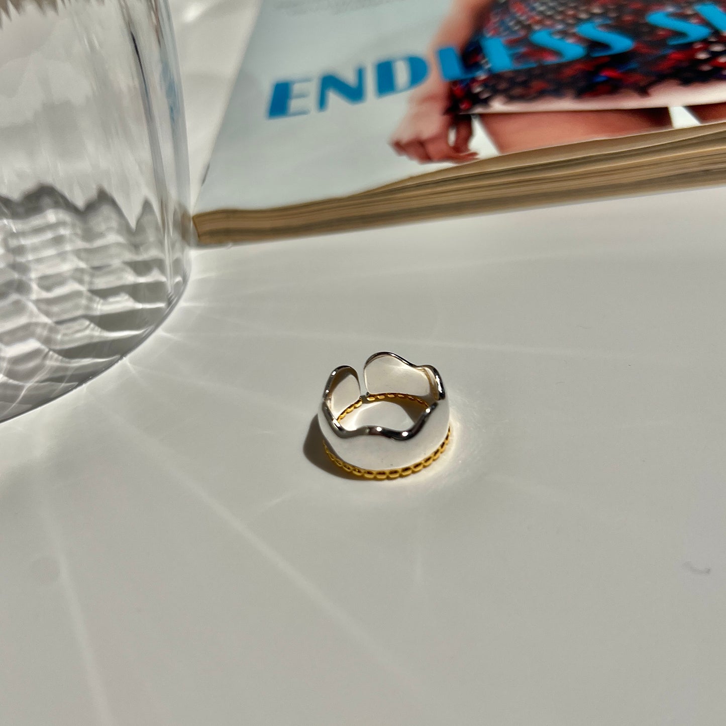 «TWO-TONE WAVE BAND» — Adjustable Sterling Silver Ring with Gold Rope Detail