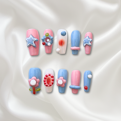 «CANDY STAR BLOOM»– 3D Pink & Blue Press-On Nails with Stars, Flowers & Bubble Accents, Handmade Y2K Kawaii Nail Set