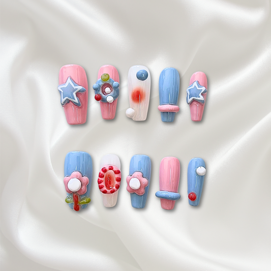 «CANDY STAR BLOOM»– 3D Pink & Blue Press-On Nails with Stars, Flowers & Bubble Accents, Handmade Y2K Kawaii Nail Set