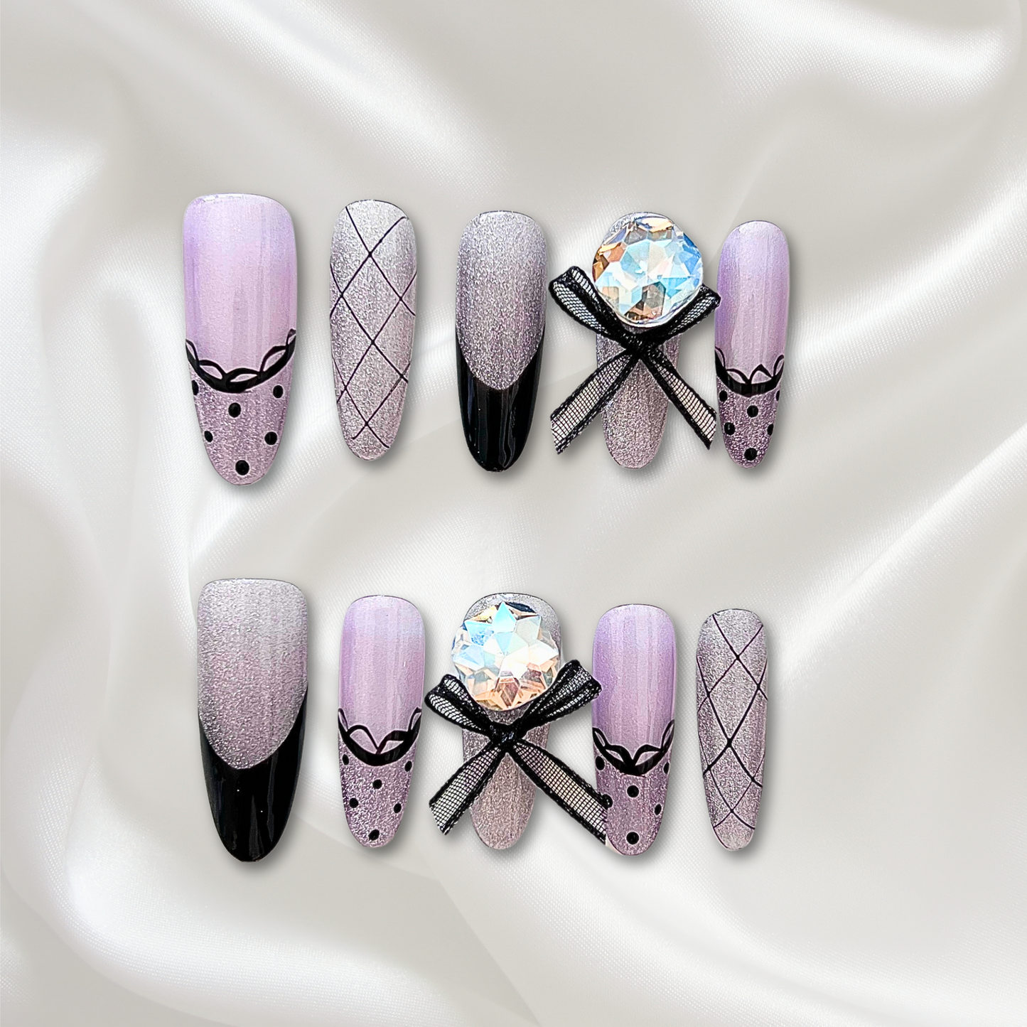 «POLKA DOT PLAID PRINCESS»- Pink Purple Press-On Nails with French Tips, 3D Bows & Checkered Accents, Handmade Nail Design
